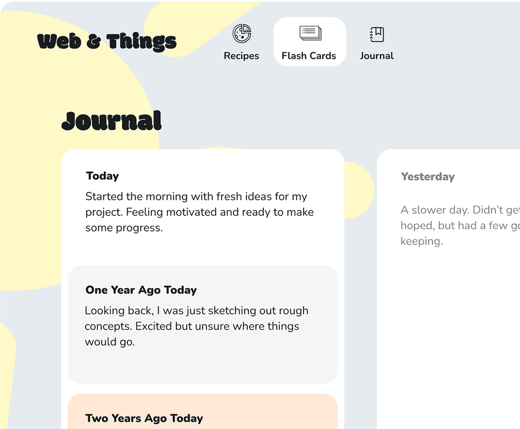 Digital 5-year journal view in Web & Things, showing today's entry alongside past reflections.